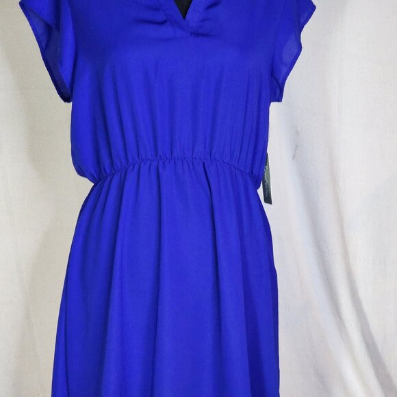 Sweet Rain Blue SS V Neck Poly Silver Button Shoulder Peplum Midi Dress Jr Sz L - Picture 4 of 16
